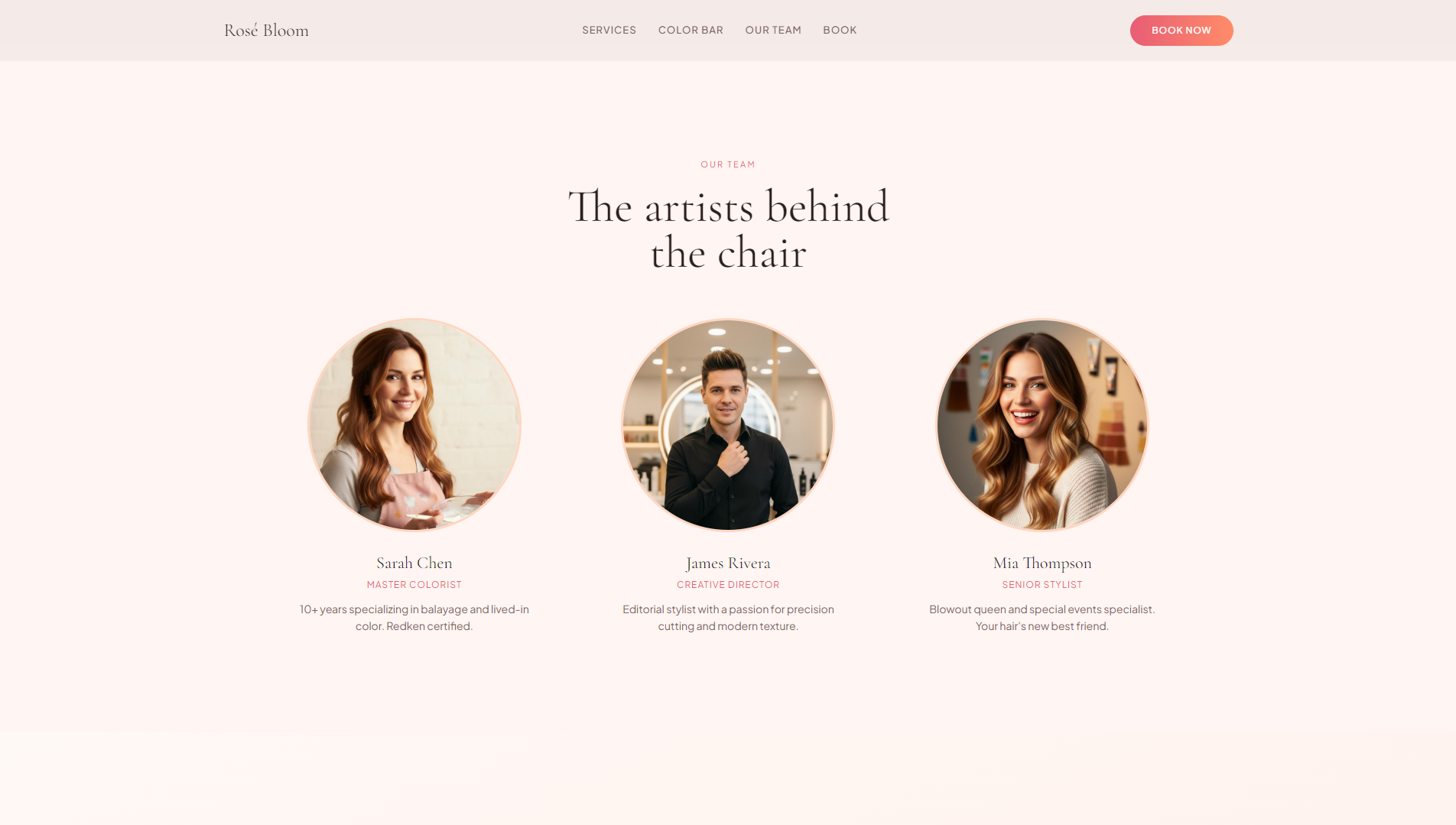 Rose Bloom team or feature section screenshot